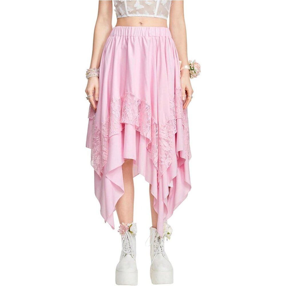 Women Pure Pink Y2k Contrast Lace Asymmetrical Whimsical Cloth Gothic Midi Skirt